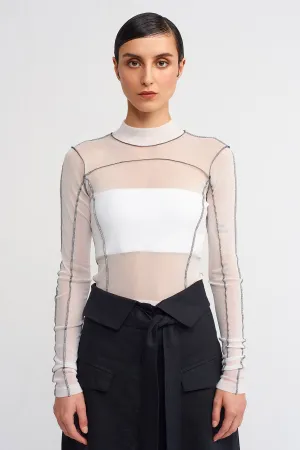 Nu Contrast Stitched Mesh Bodysuit Off White/Black