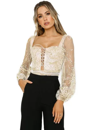 Nude Sheer Long Sleeve Princess Rhinestone Bodysuit
