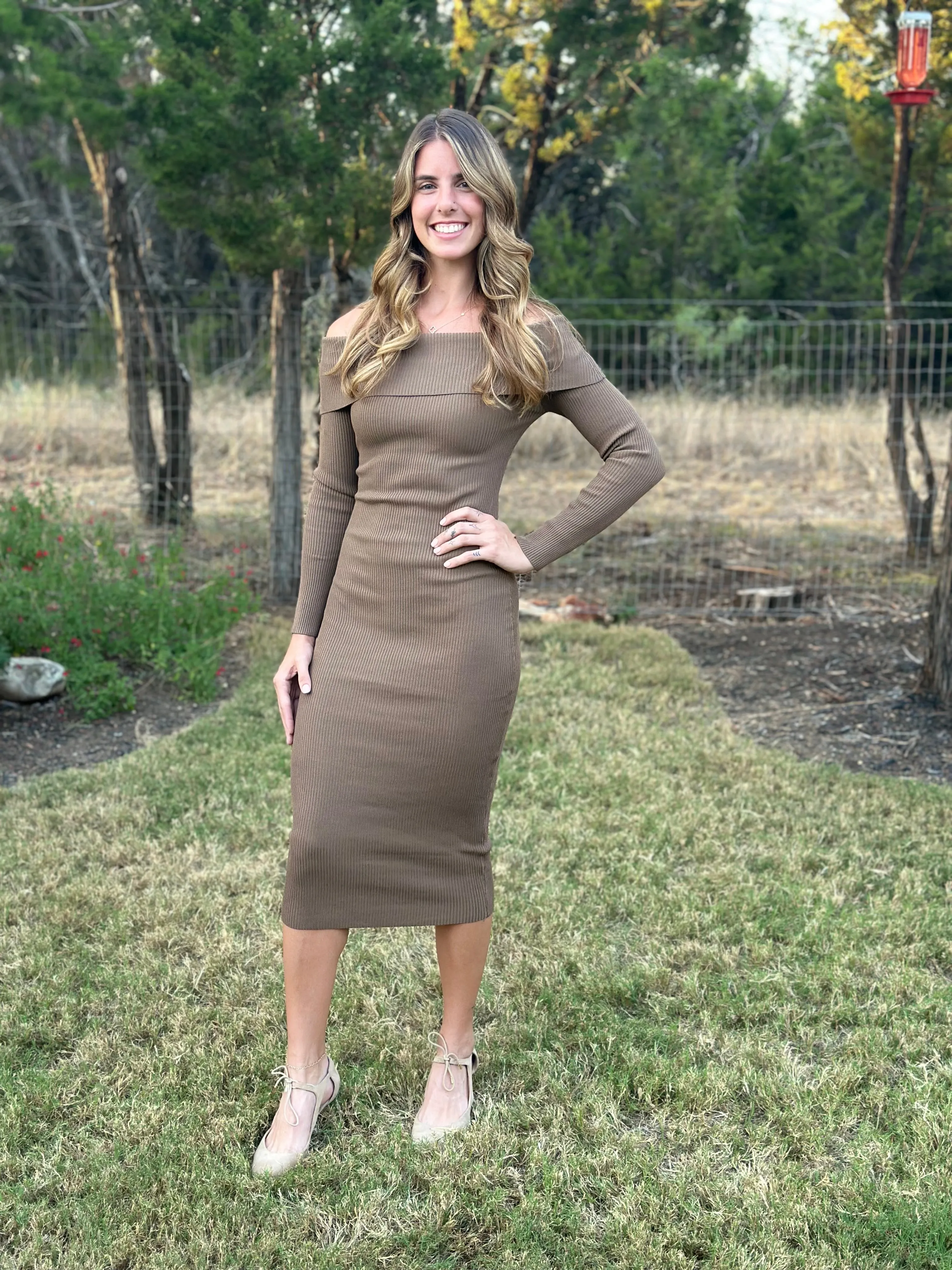 Off The Shoulder Fitted Dress - Brown