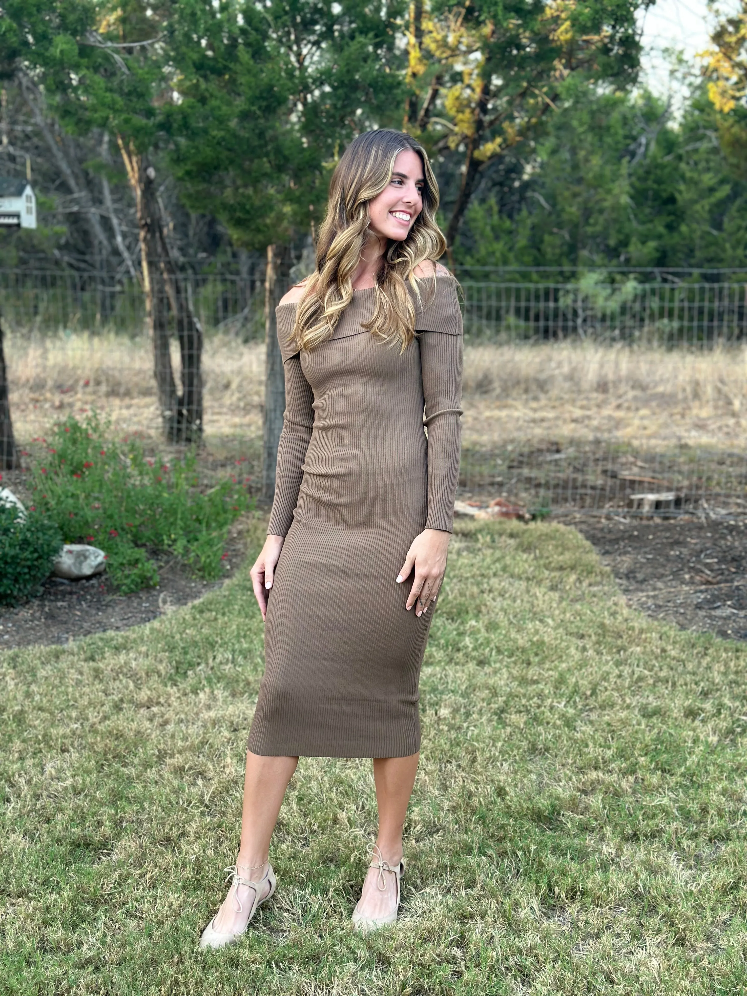 Off The Shoulder Fitted Dress - Brown