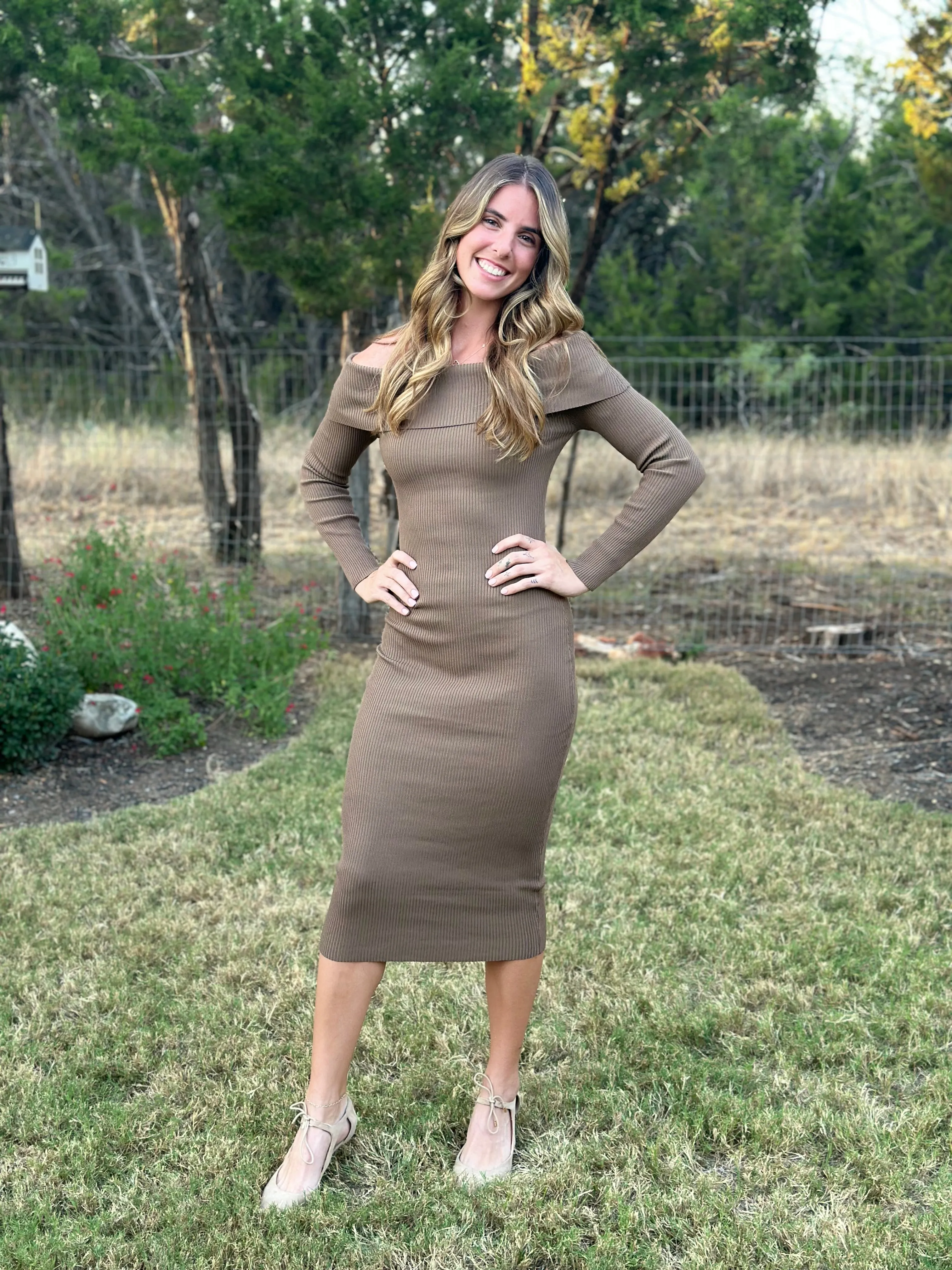 Off The Shoulder Fitted Dress - Brown