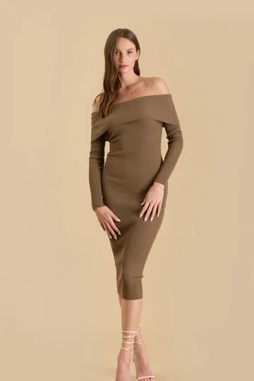 Off The Shoulder Fitted Dress - Brown