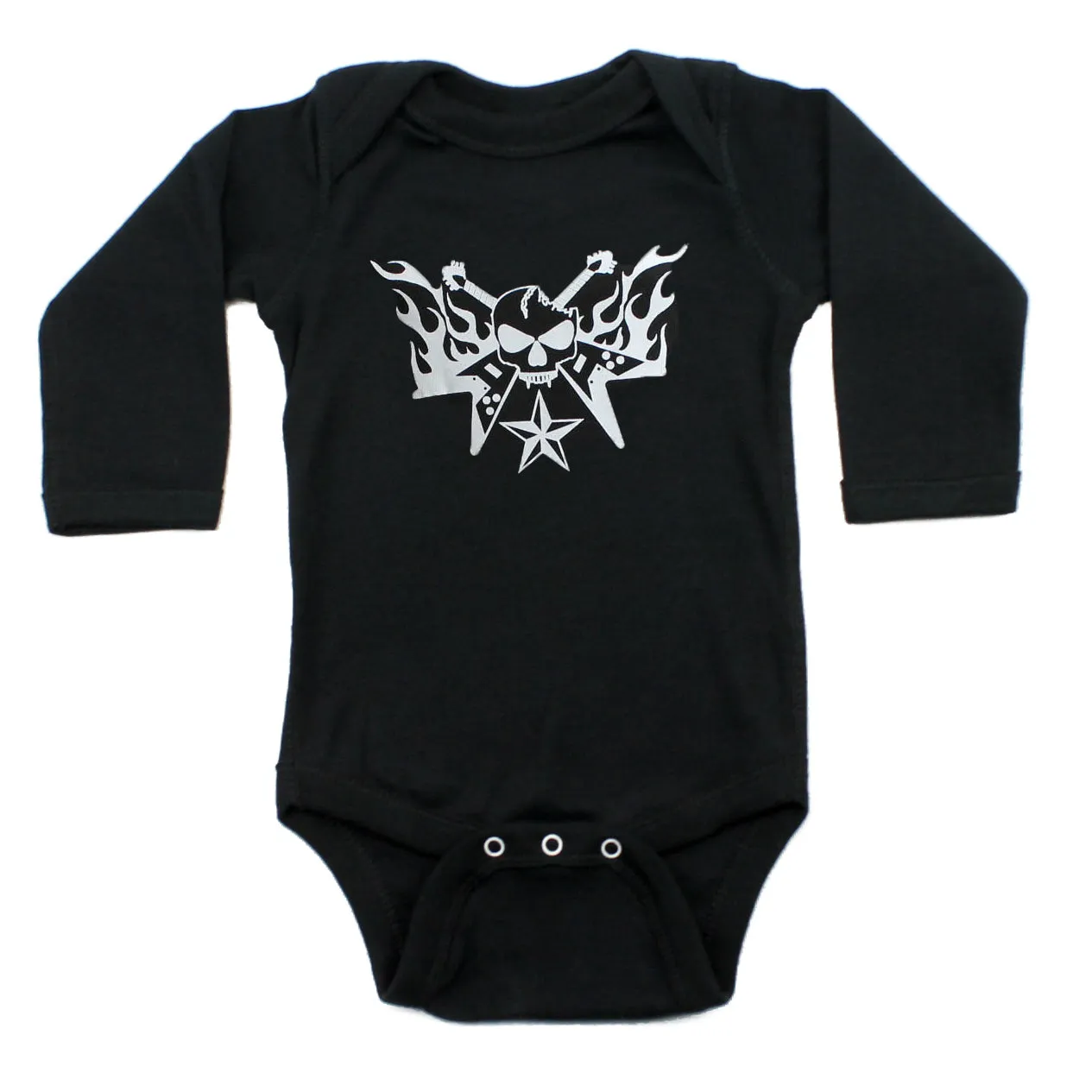 One Color Skull Guitar Hero Flames Long Sleeve Baby Infant Bodysuit