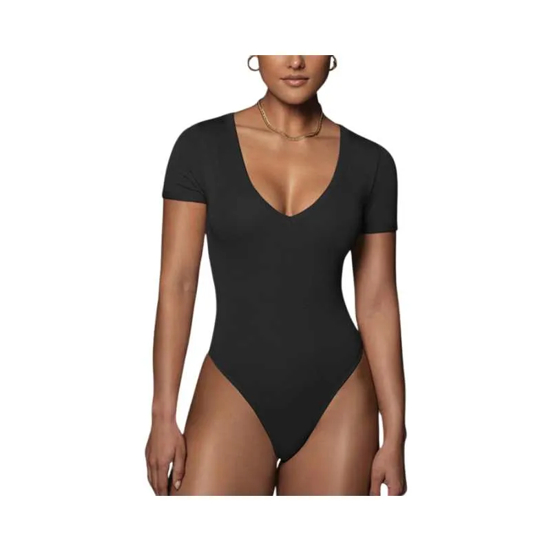 One-piece Stretch Cotton V-Neck Bodysuit