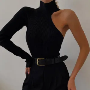 One Shoulder Long Sleeve Kintted Bodysuit