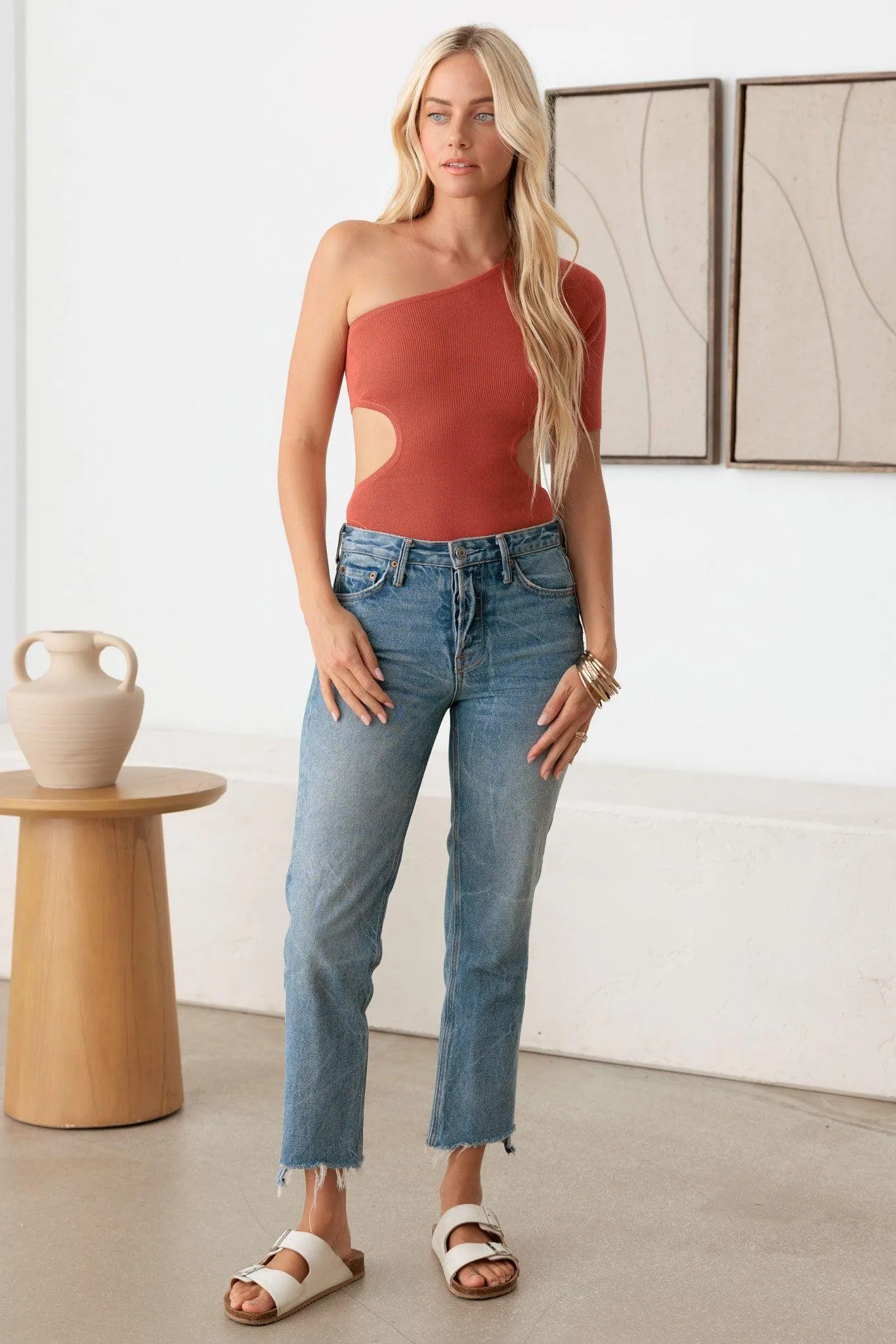 One Shoulder Side Cut-Out Stretchy Bodysuit