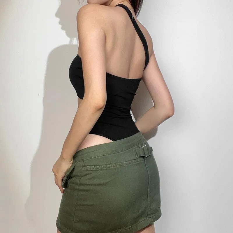 One shoulder solid irregular hollow out backless bodysuit