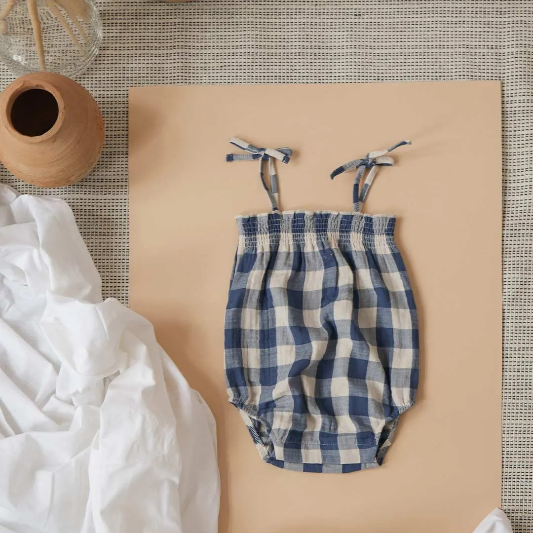 Organic Zoo Spaghetti Bodysuit  - Blue Gingham - Pottery
