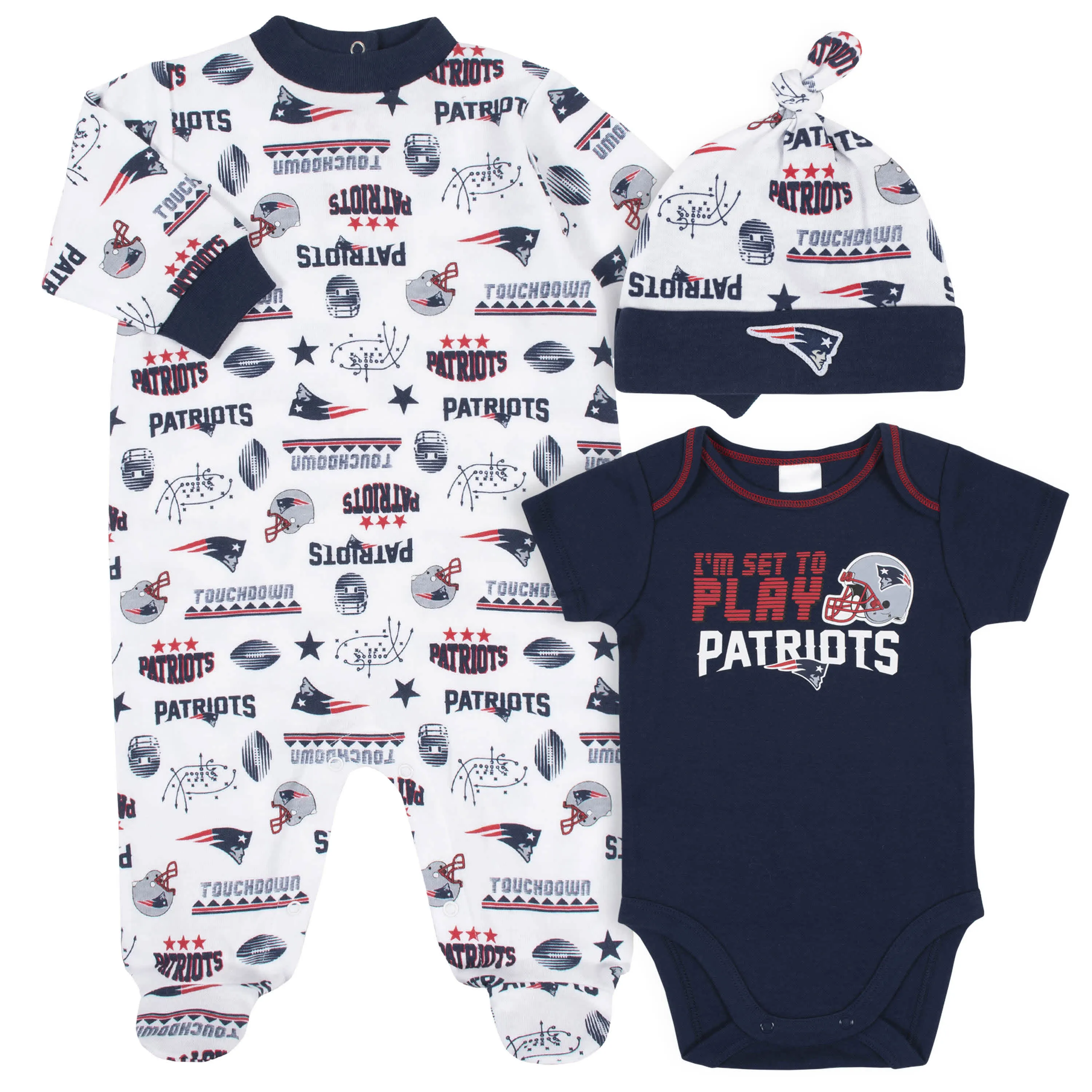 Patriots Baby Boys 3-Piece Bodysuit, Sleep 'N Play, and Cap Set