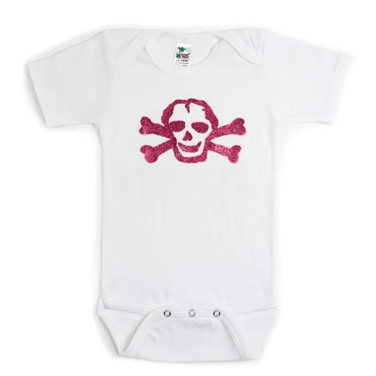 Pink Glitter Scribble Skull Short Sleeve Baby Infant Bodysuit