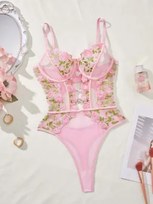 Pink Lace Bodysuit Lingerie Embroidered