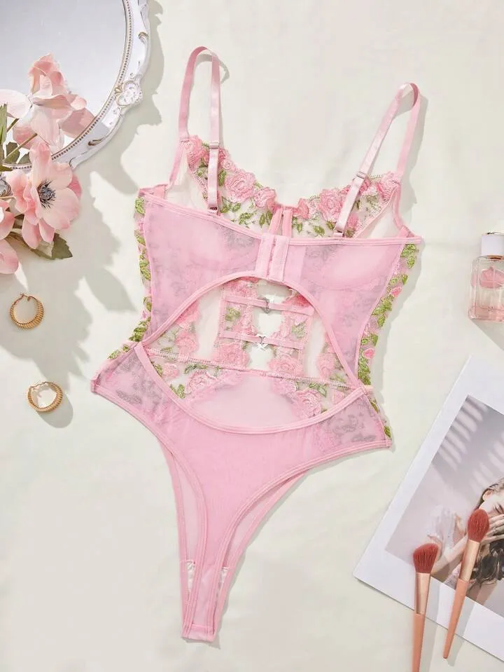 Pink Lace Bodysuit Lingerie Embroidered