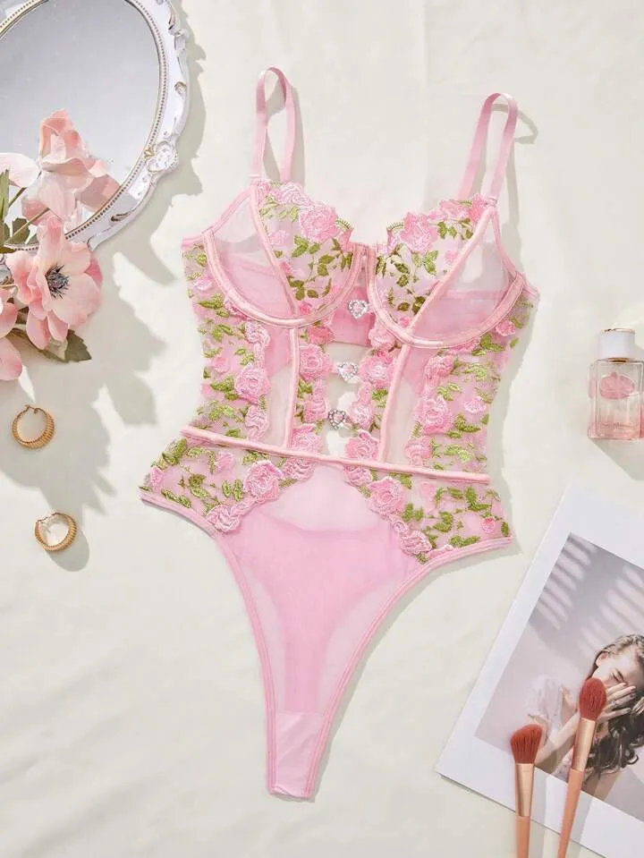 Pink Lace Bodysuit Lingerie Embroidered