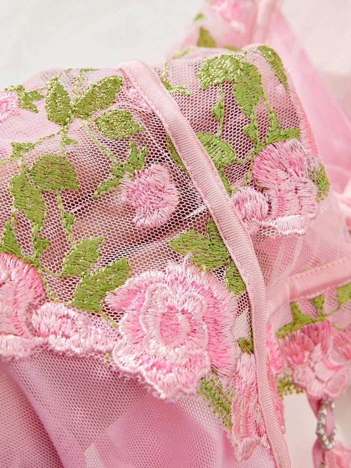 Pink Lace Bodysuit Lingerie Embroidered