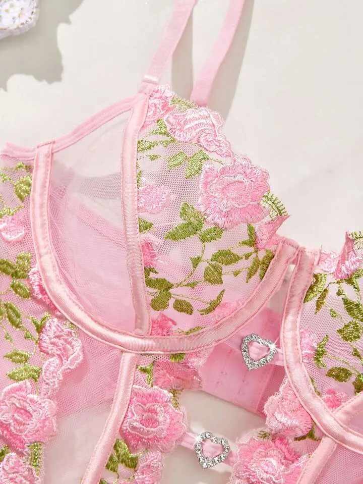 Pink Lace Bodysuit Lingerie Embroidered