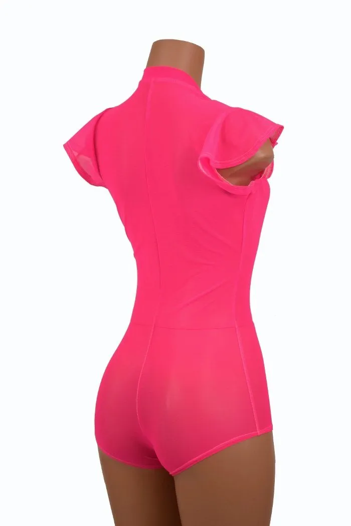 Pink Mesh Plunging V Neck Romper
