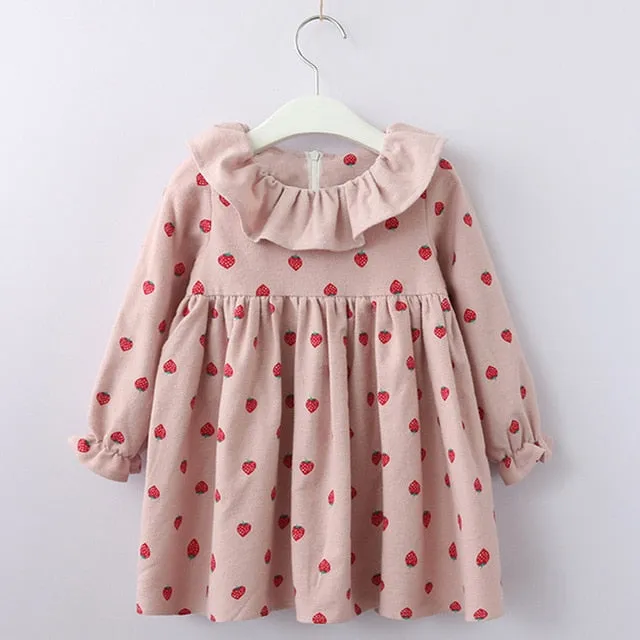 Pink Strawberry Cotton Dress, Size 3-7Yrs