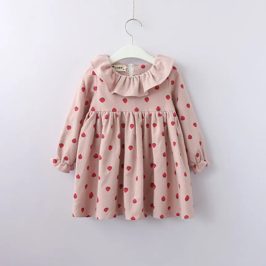 Pink Strawberry Cotton Dress, Size 3-7Yrs