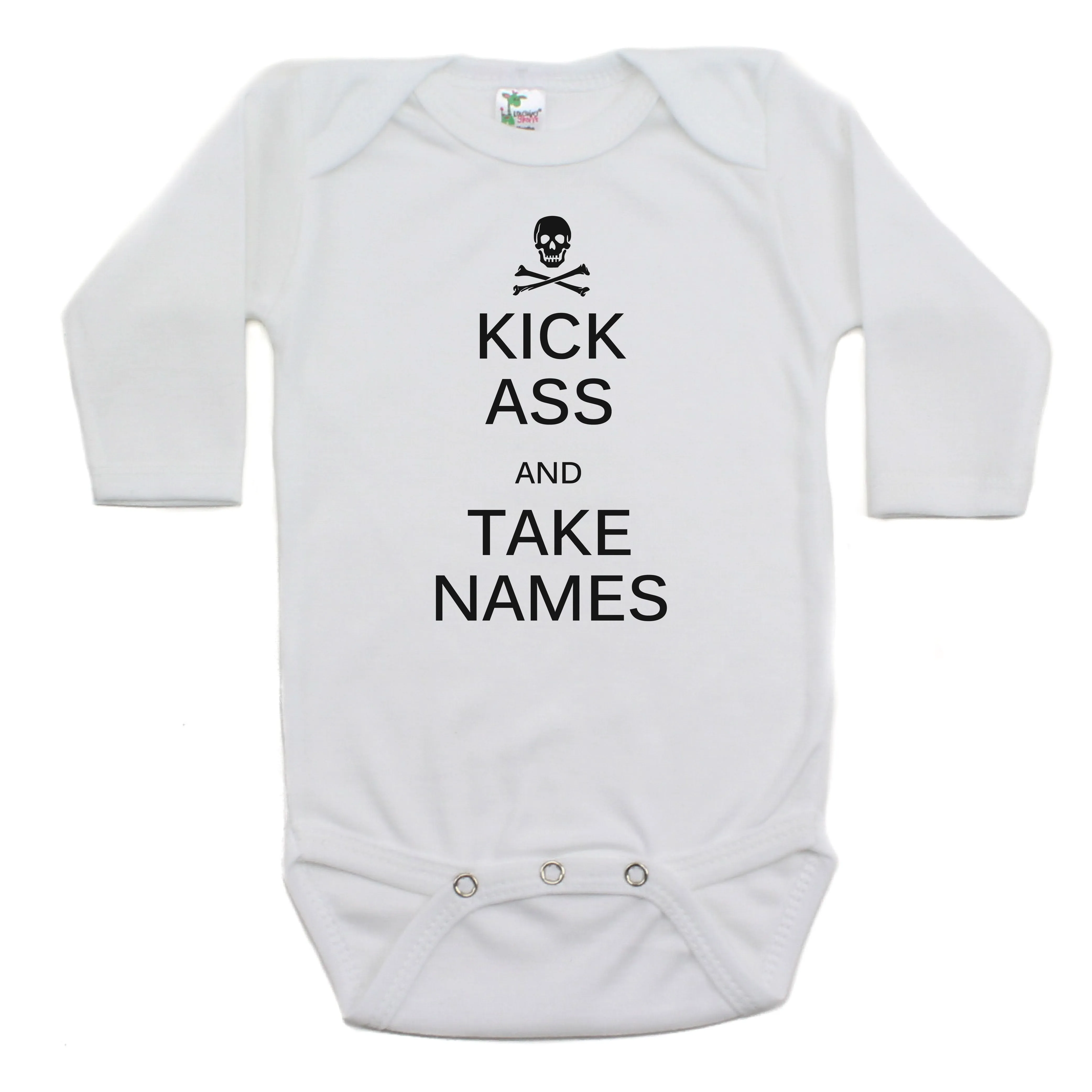 Pirate Jolly Roger Kick Ass Take Names Long Sleeve Bodysuit