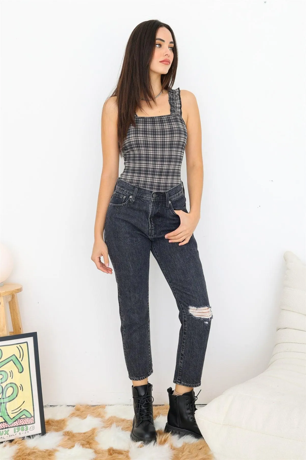 Plaid Ruffle Straps Fitted Bodysuit