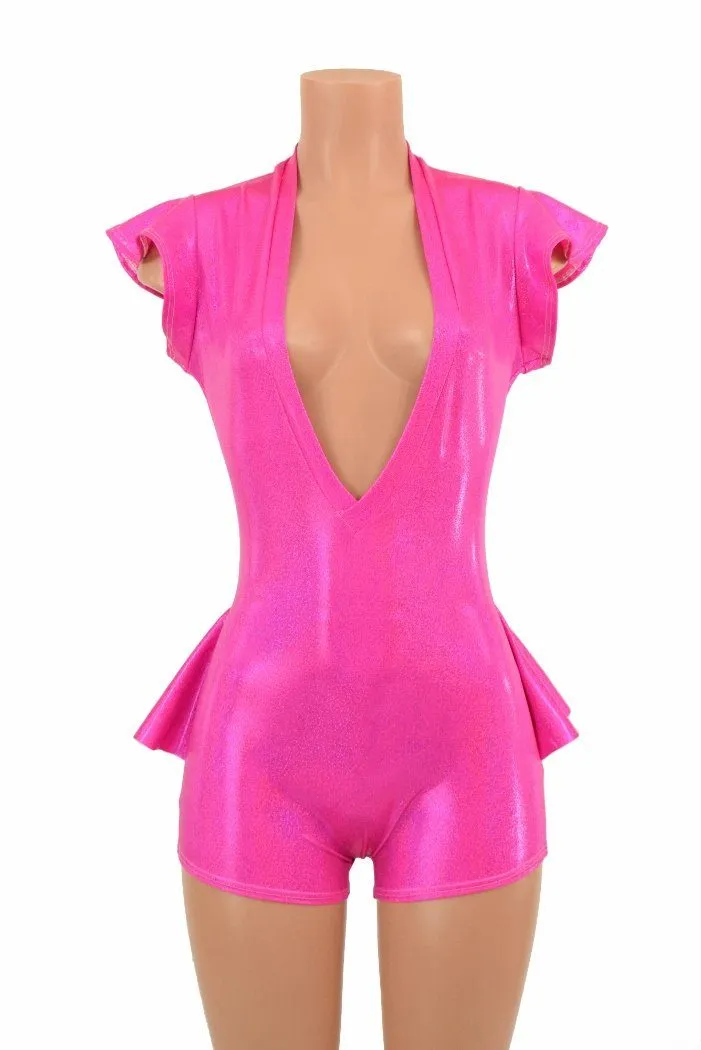 Plunging V Neck Ruffle Rump Romper