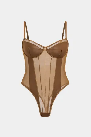 Plus Size Mesh Corset Slip Bodysuit - Brown, Black and Olive Green