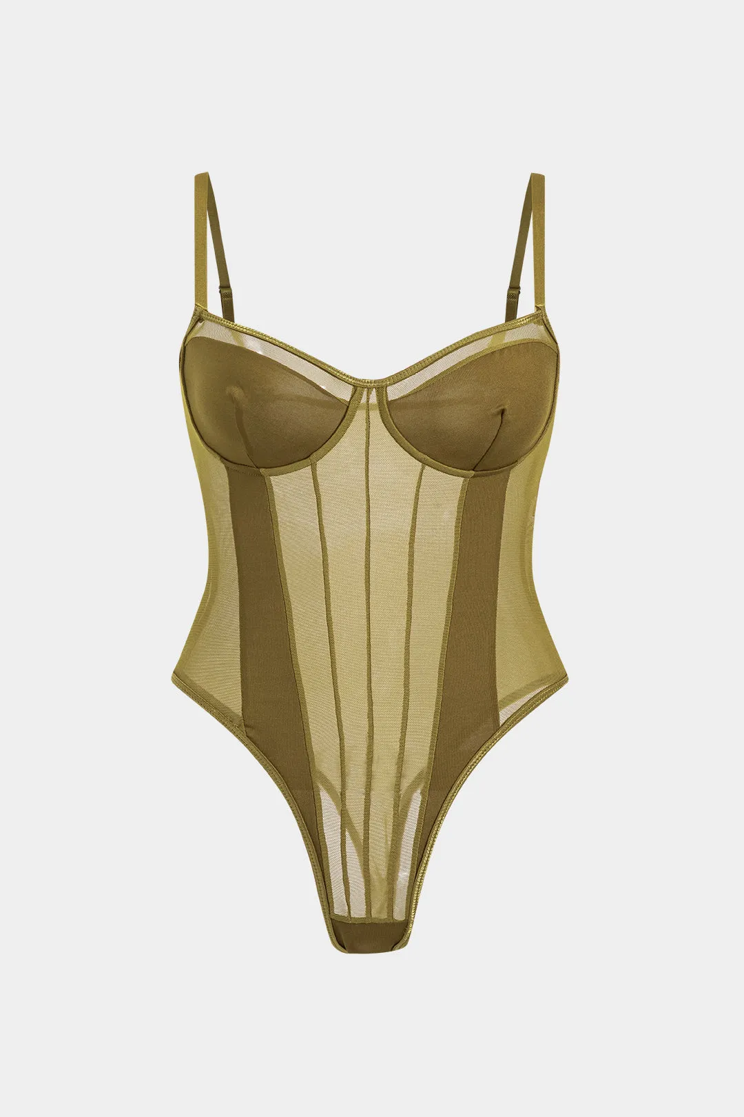 Plus Size Mesh Corset Slip Bodysuit - Brown, Black and Olive Green