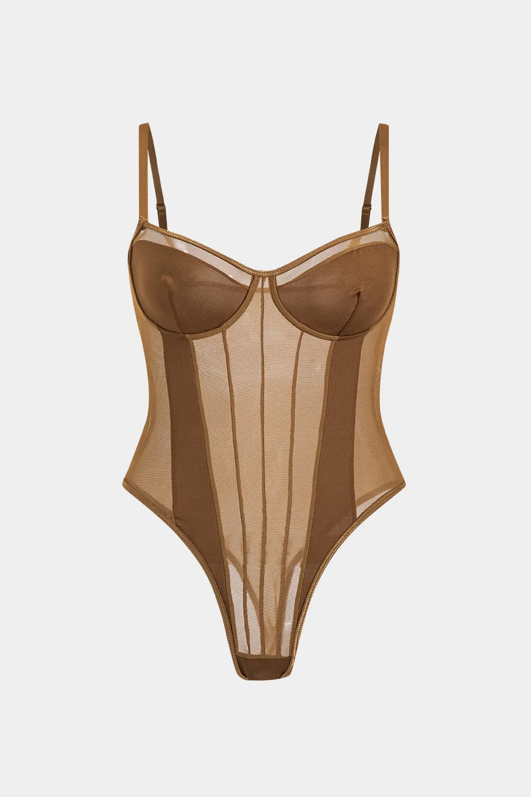 Plus Size Mesh Corset Slip Bodysuit - Brown, Black and Olive Green