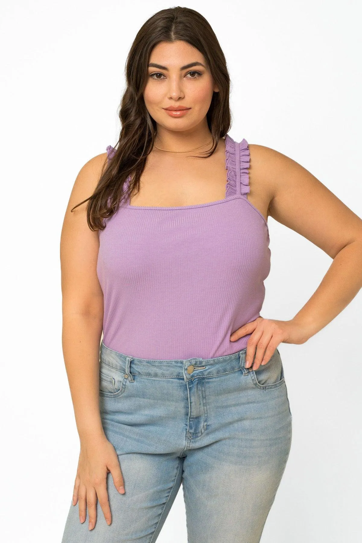 Plus Size Ribbed Ruffle Straps Square Neck-Line Bodysuit