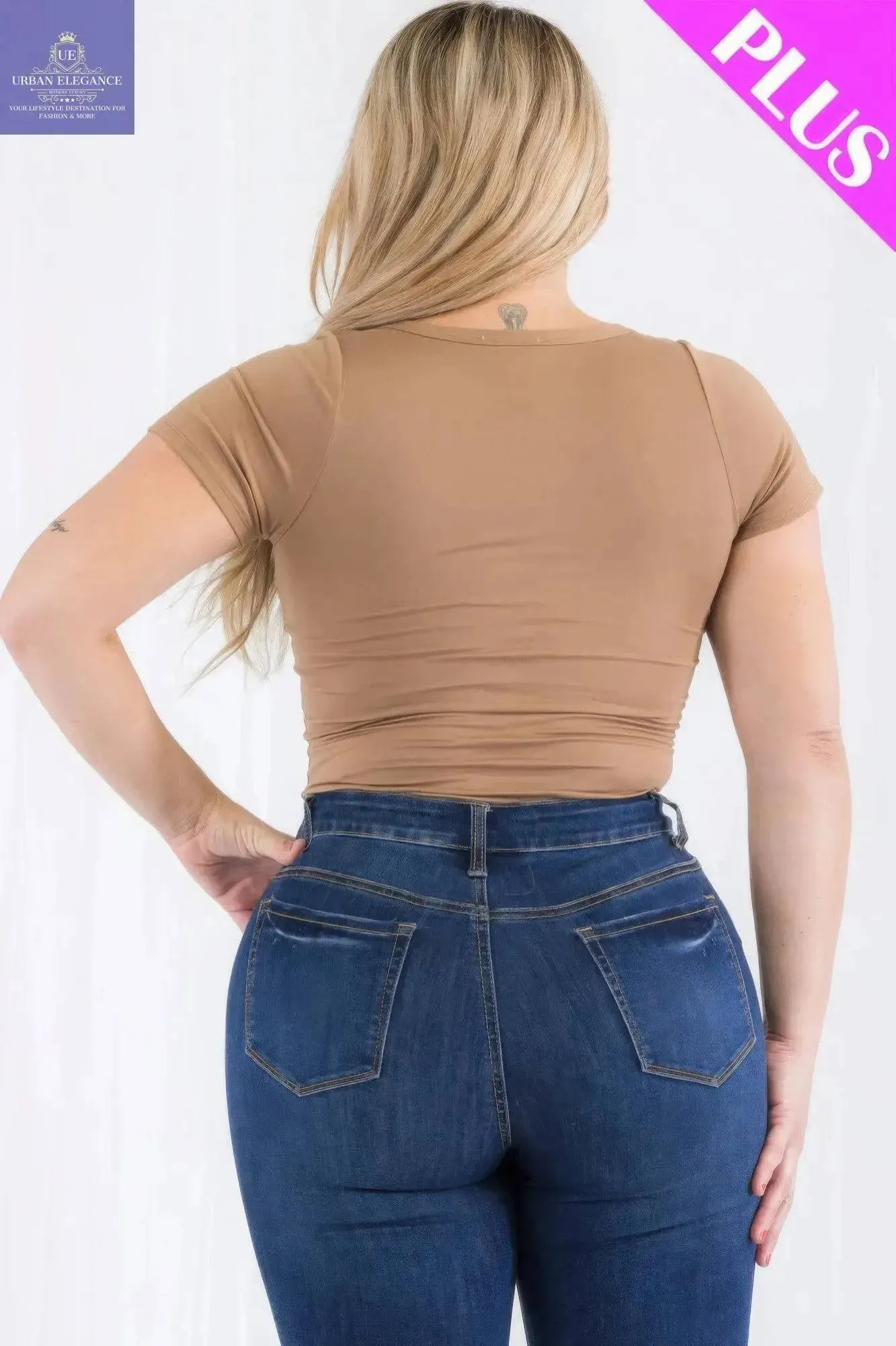 Plus Size Split Neck Short Sleeve Bodysuit