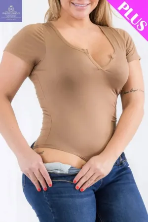 Plus Size Split Neck Short Sleeve Bodysuit