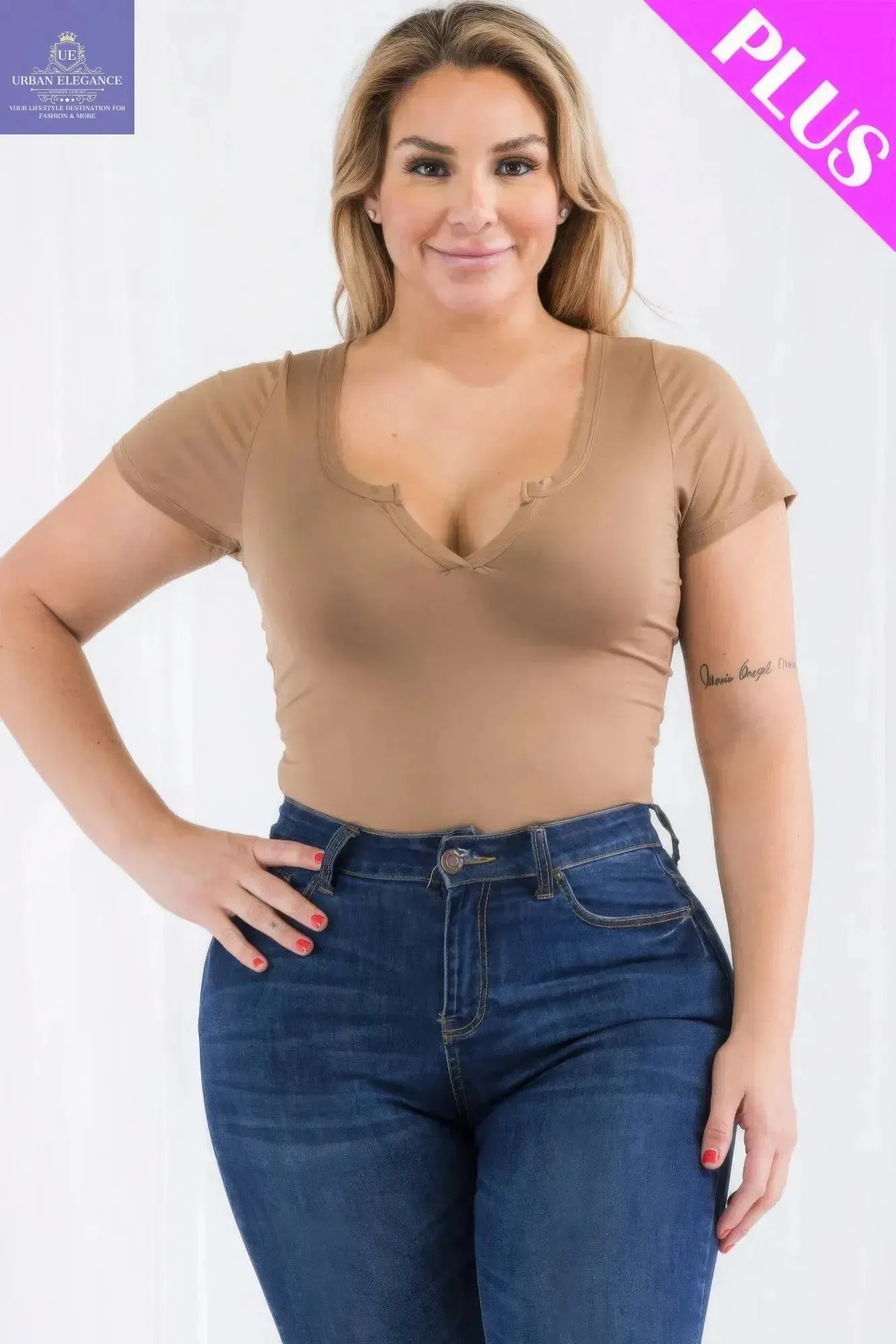 Plus Size Split Neck Short Sleeve Bodysuit