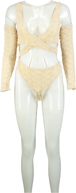 Pretty Little Thing Stone Textured Cross Front Cold Shoulder Bodysuit UK 12