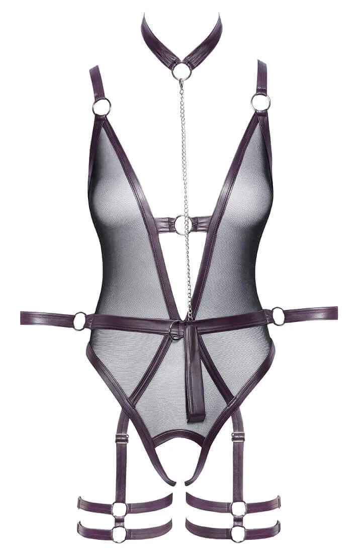 Purple X black crotchless bondage bodysuit & leash - Trust & Surrender