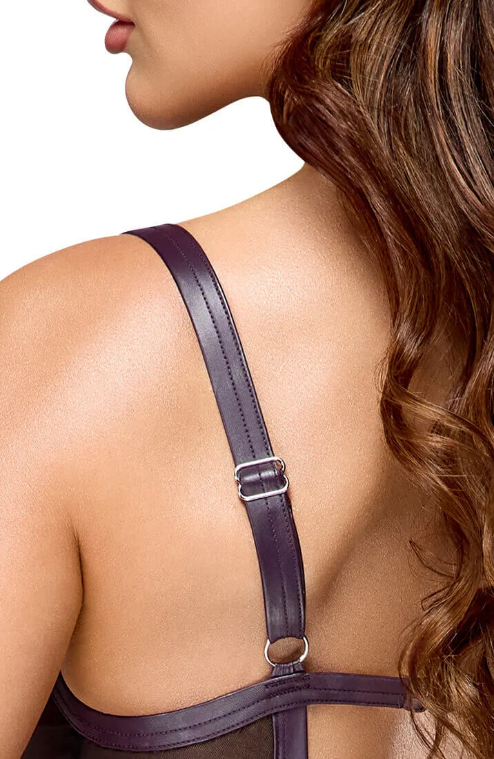 Purple X black crotchless bondage bodysuit & leash - Trust & Surrender