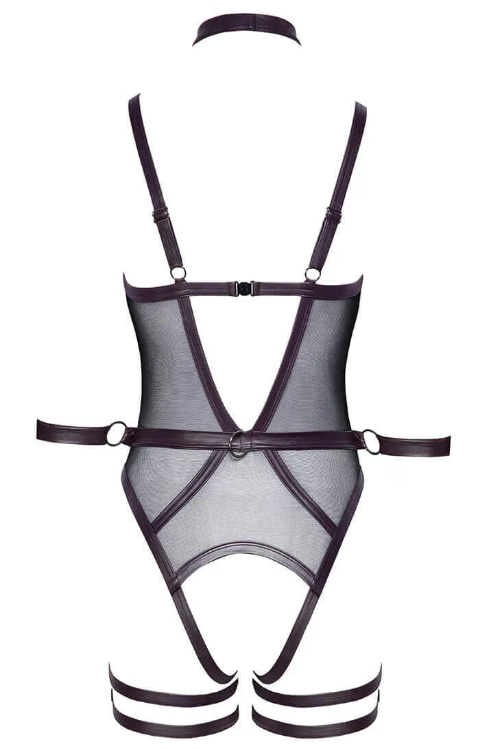 Purple X black crotchless bondage bodysuit & leash - Trust & Surrender