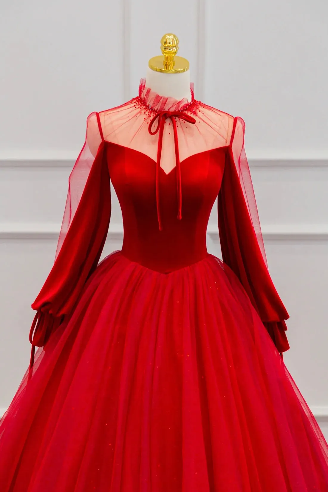 Red Velvet Tulle Long Prom Dress, Long Sleeve Evening Party Dress