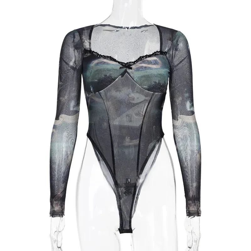 Retro 90's Mesh Long Sleeve Cyber Bodysuits