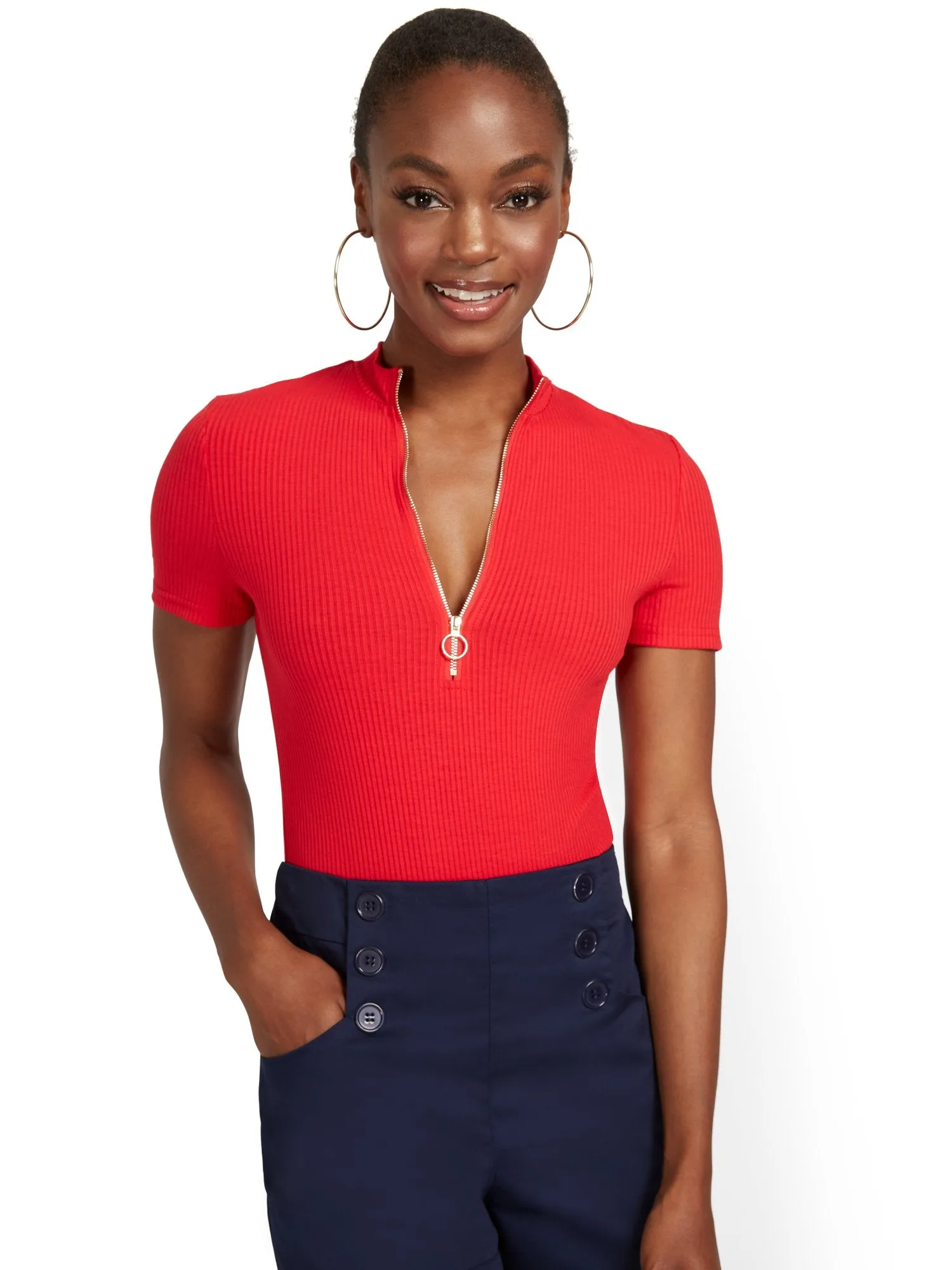 Rib Zip-Front Bodysuit
