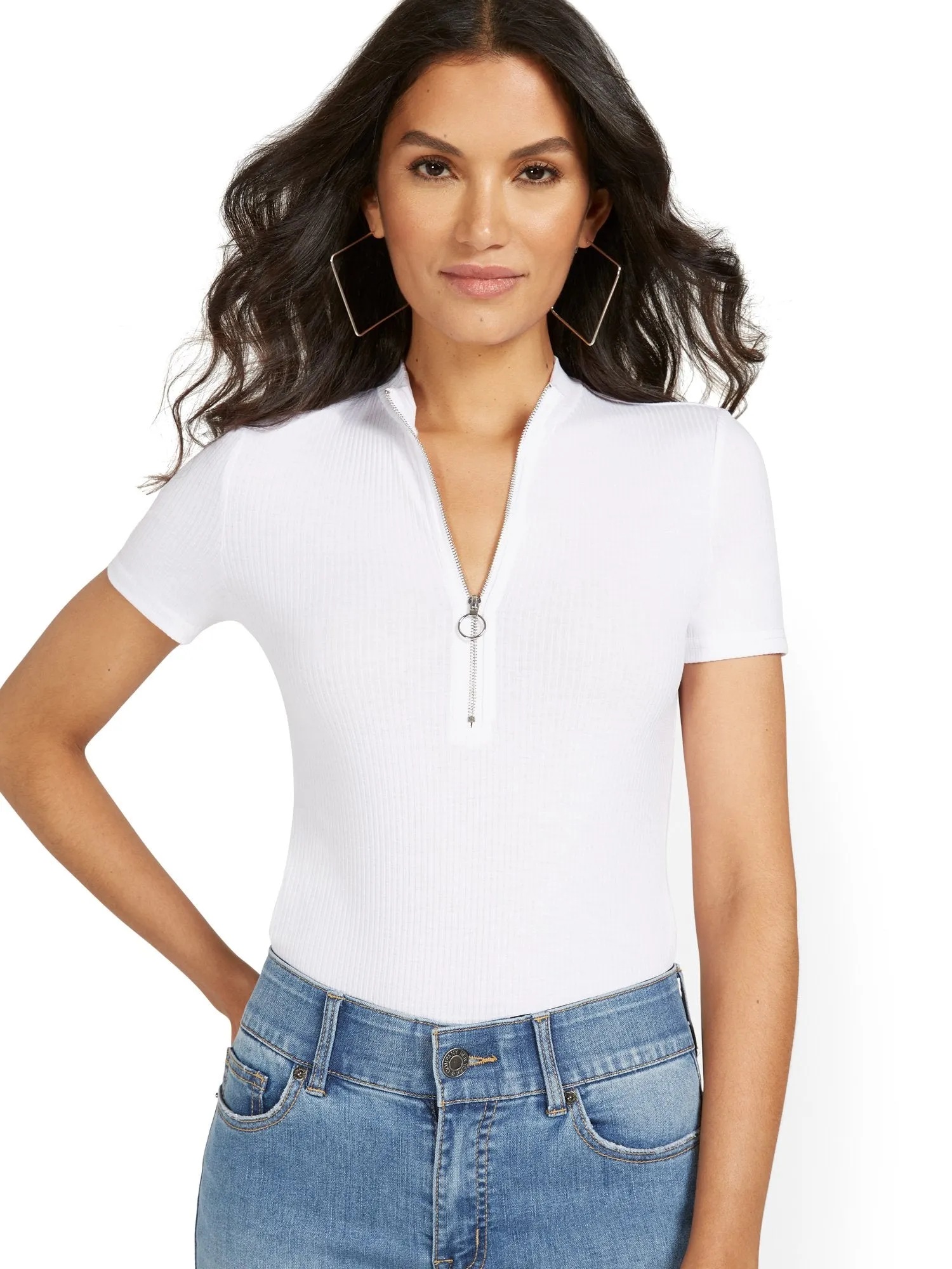 Rib Zip-Front Bodysuit
