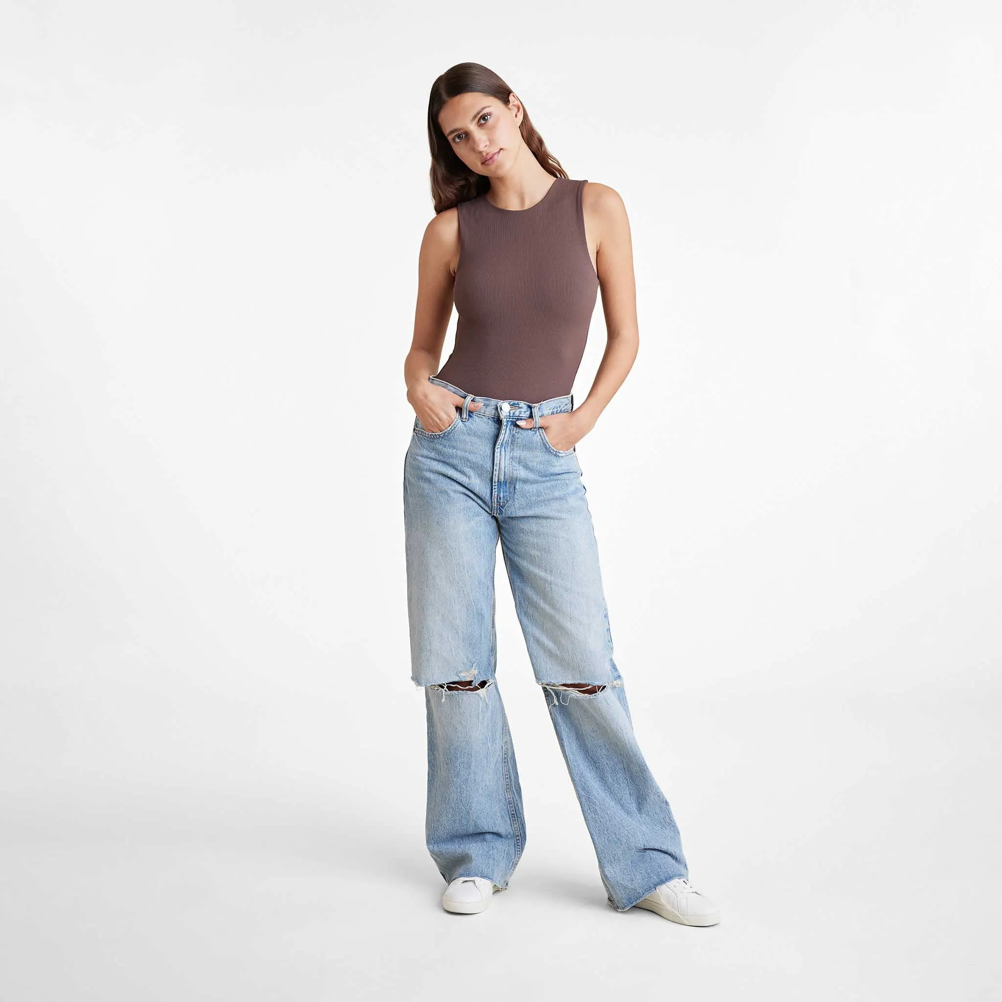 Ribbed Crewneck Tank Bodysuit | Coffee
