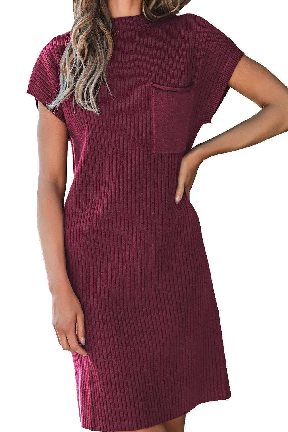 Ribbed Knit Short Sleeve Sweater Dress