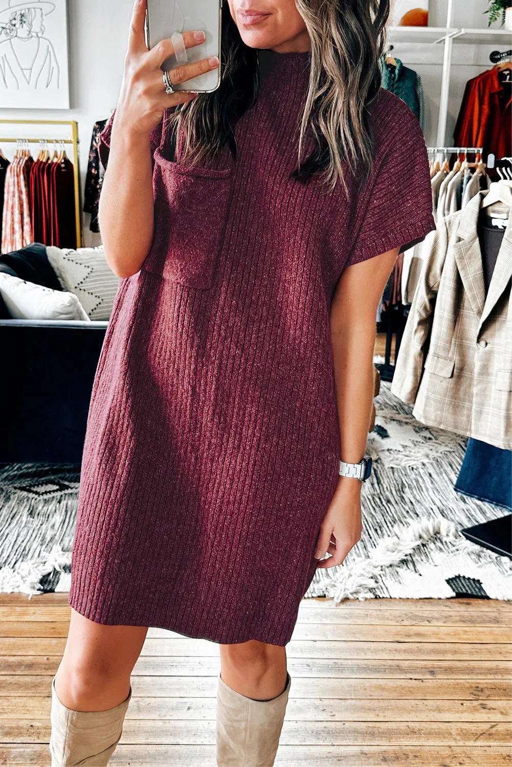 Ribbed Knit Short Sleeve Sweater Dress