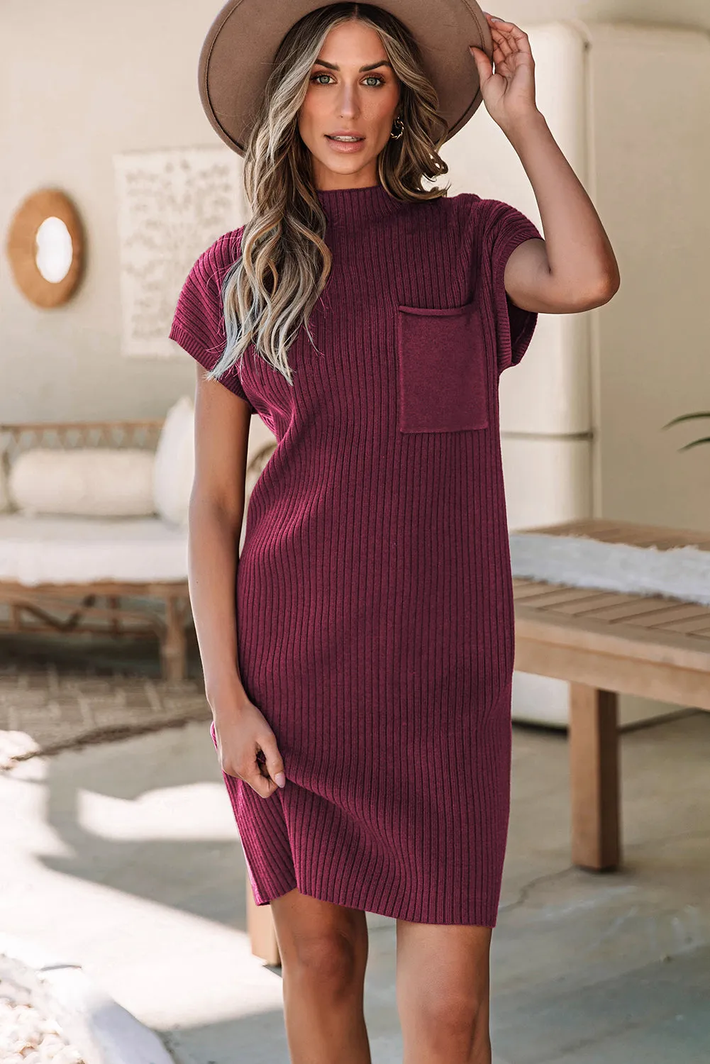 Ribbed Knit Short Sleeve Sweater Dress