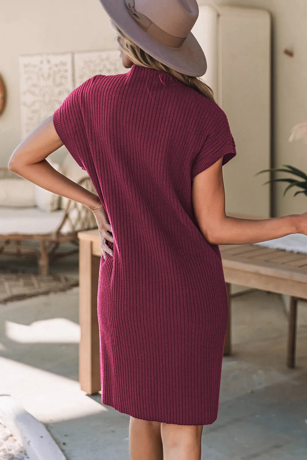 Ribbed Knit Short Sleeve Sweater Dress
