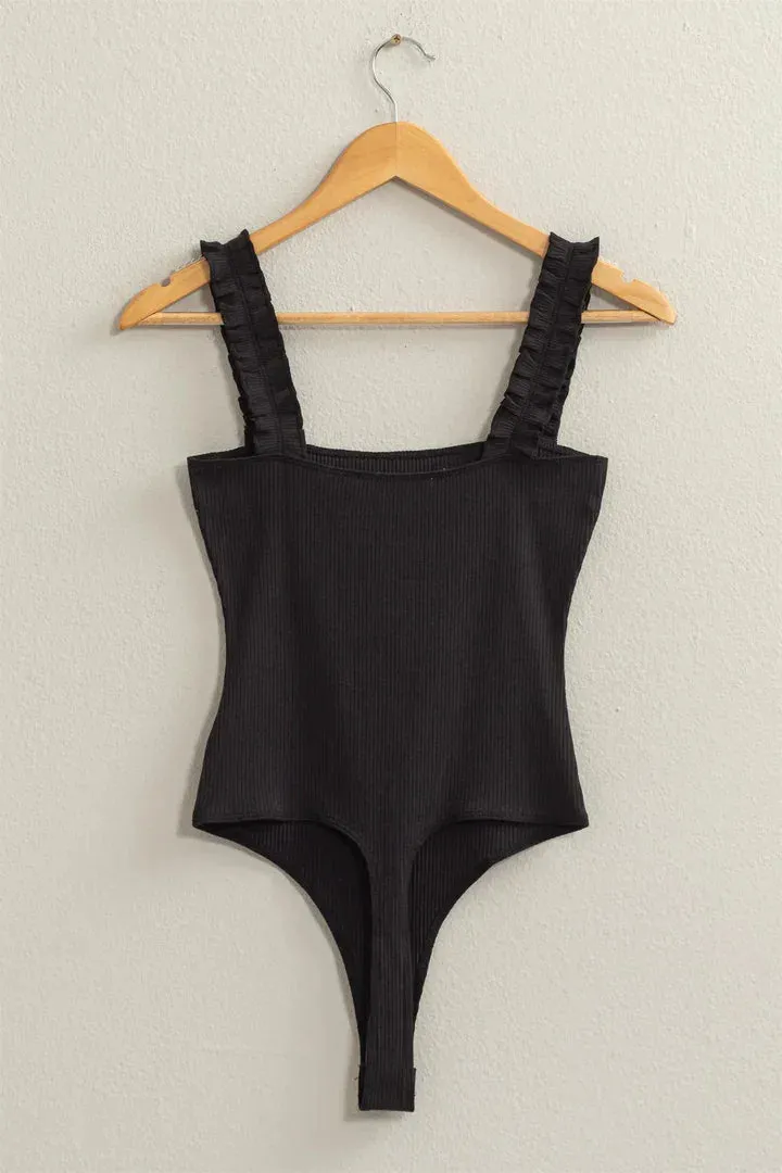 RIBBED RUFFLE STRAP BODYSUIT