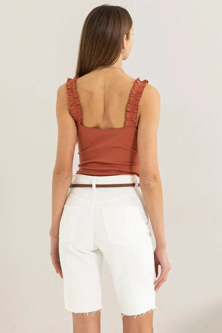 RIBBED RUFFLE STRAP BODYSUIT