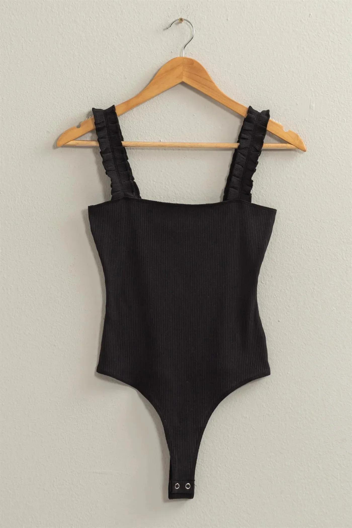RIBBED RUFFLE STRAP BODYSUIT