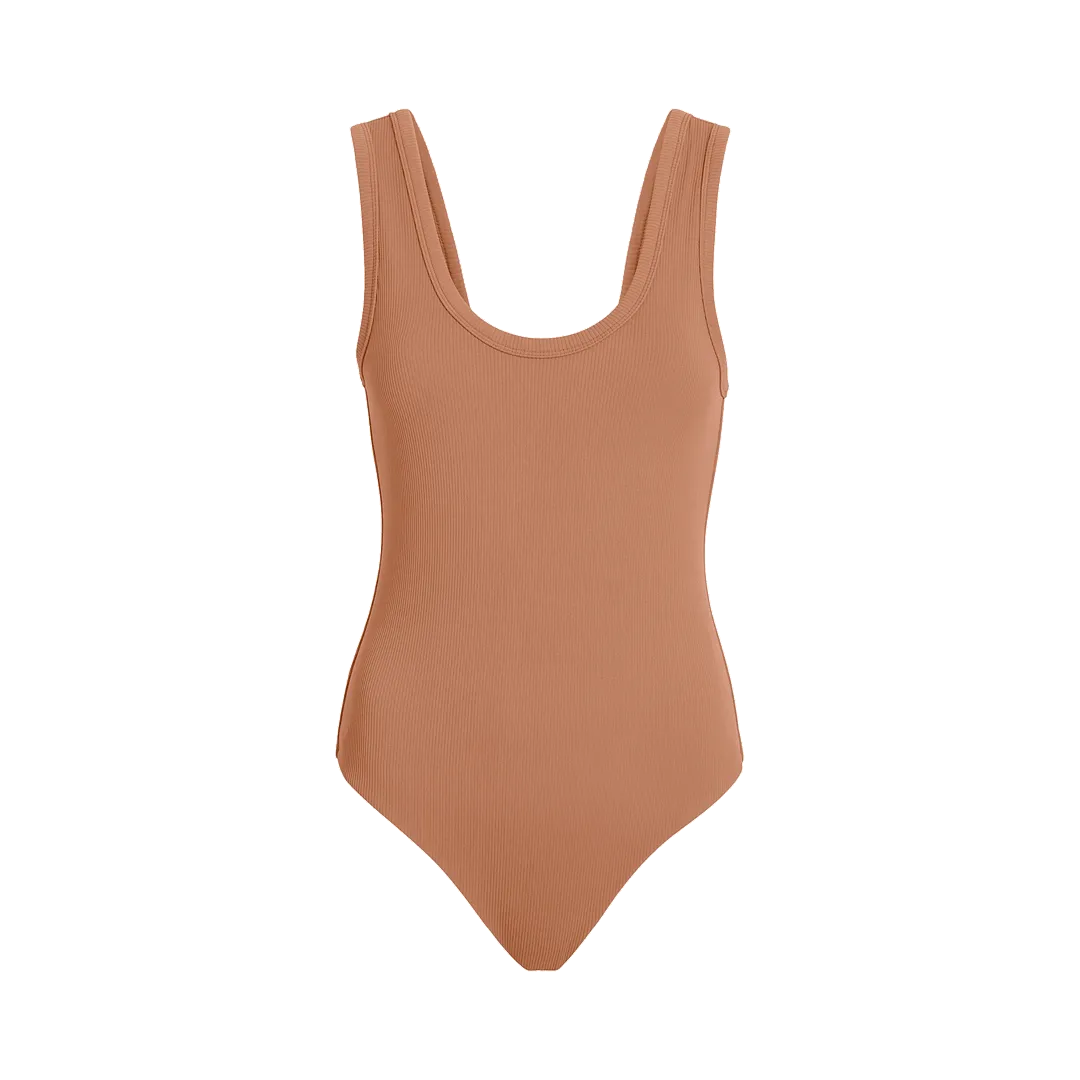 Ribbed Scoop Tank Bodysuit | Clay