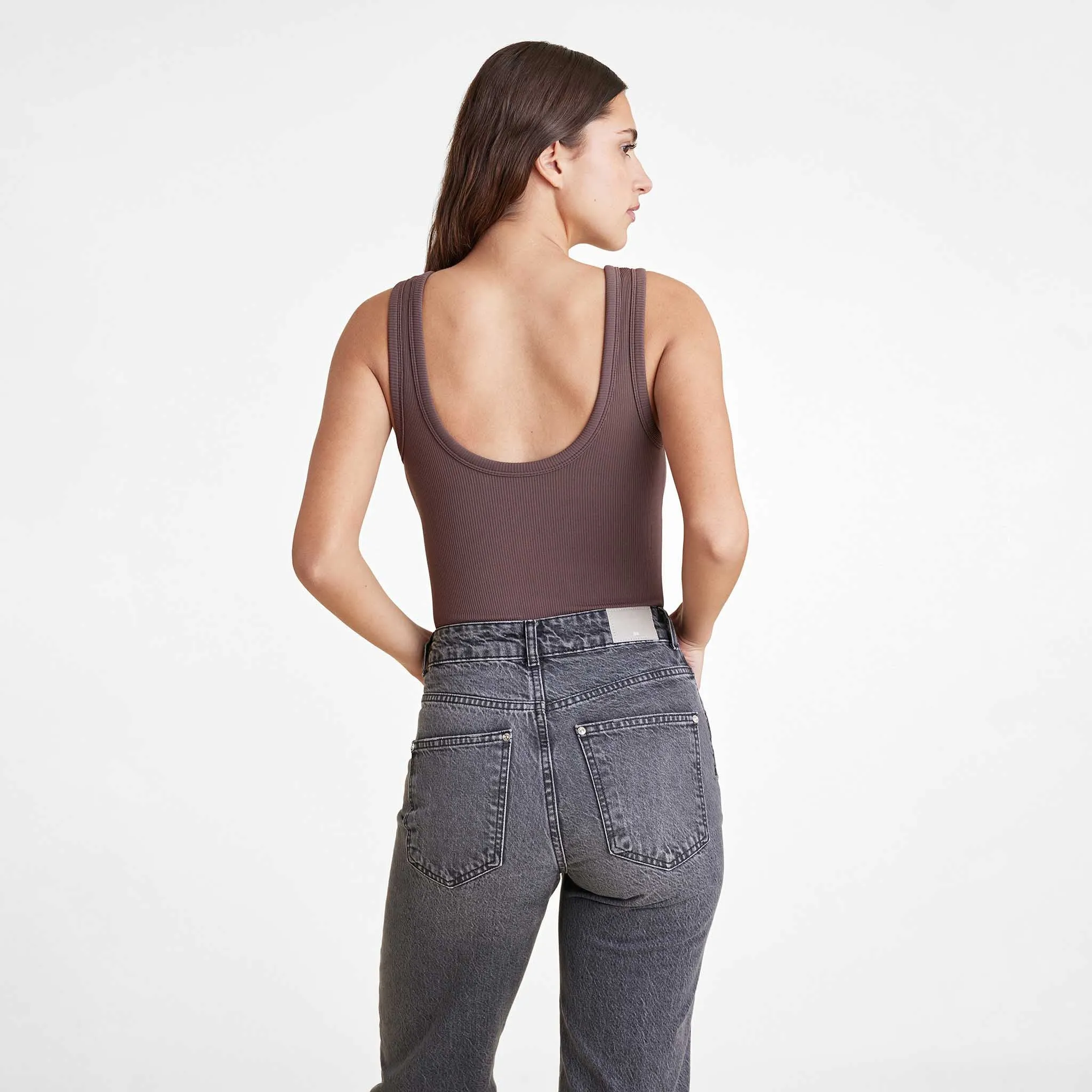 Ribbed Scoop Tank Bodysuit | Coffee